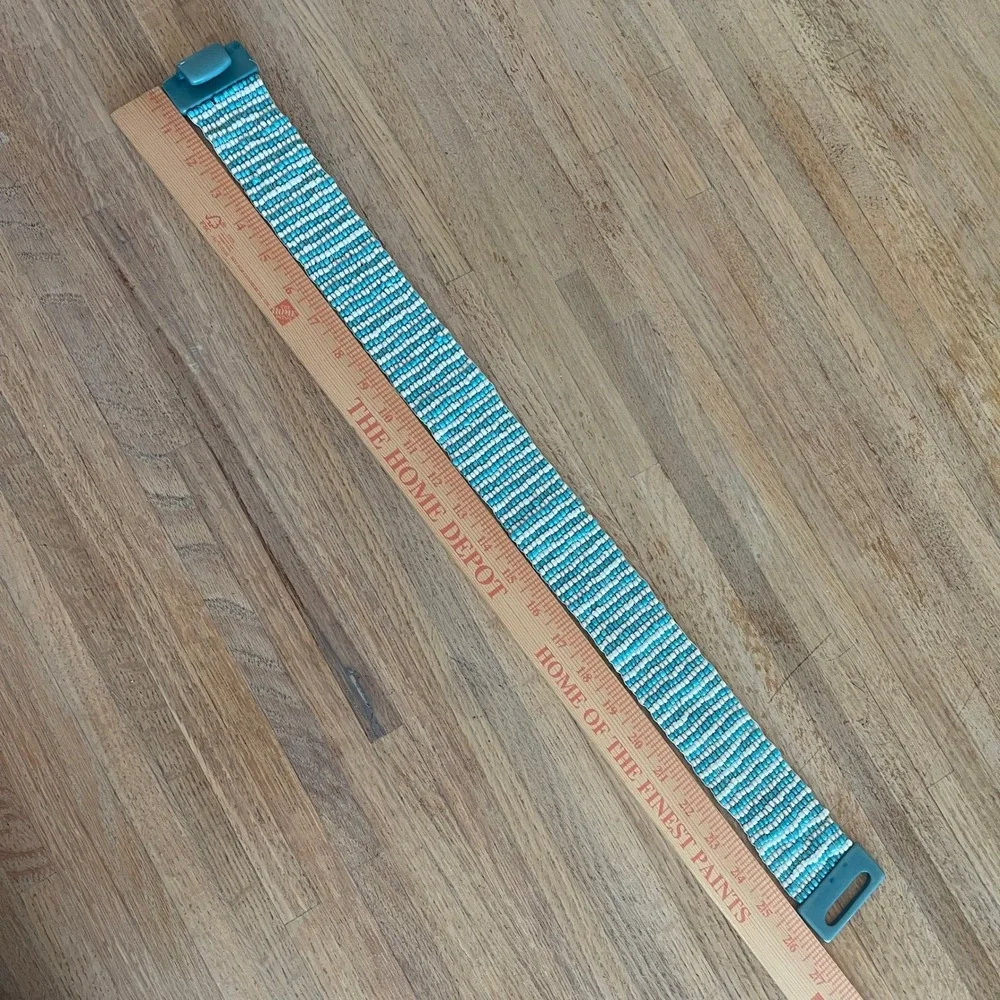 Vintage 80s Turquoise White Beaded Stretch Belt Wide Striped Cinch Buckle 26in